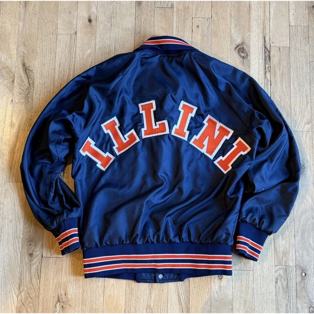Vintage 70s University of Illinois Fighting Illini Satin Nylon Bomber Jacket M